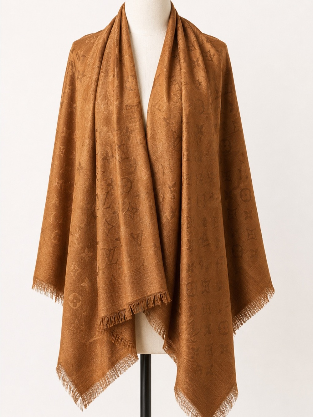 Louis Vuitton Monogram Wool Shawl Stole Brown Caramel 100% Wool